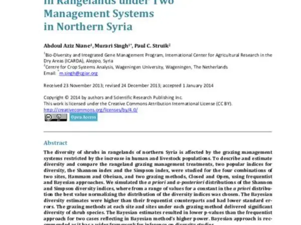 Bayesian Estimation of Shrubs Diversity in Rangelands under Two Management Systems in Northern Syria