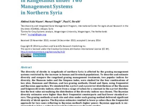 Bayesian Estimation of Shrubs Diversity in Rangelands under Two Management Systems in Northern Syria