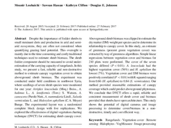 A reliable and non-destructive method for estimating forage shrub cover and biomass in arid environments using digital vegetation charting technique