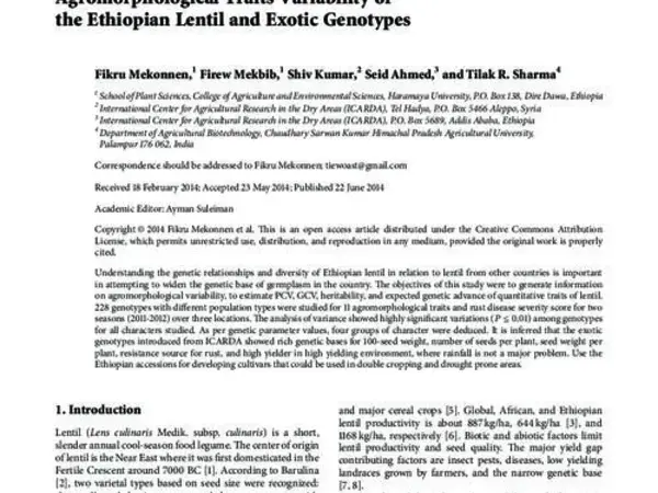 Agromorphological Traits Variability of the Ethiopian Lentil and Exotic Genotypes