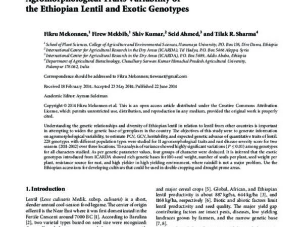 Agromorphological Traits Variability of the Ethiopian Lentil and Exotic Genotypes