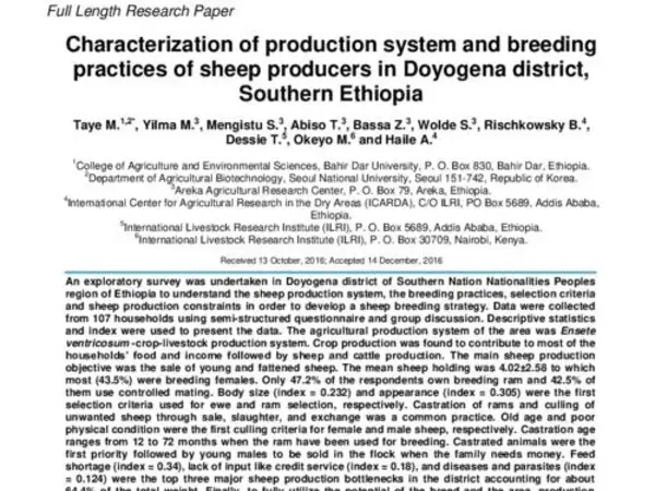 Characterization of production system and breeding practices of sheep producers in Doyogena district, Southern Ethiopia