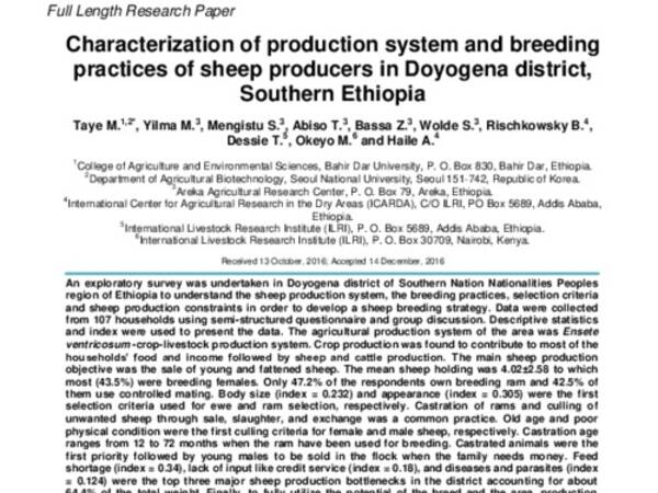 Characterization of production system and breeding practices of sheep producers in Doyogena district, Southern Ethiopia