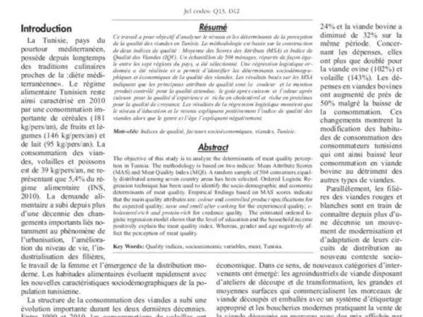 Effets des caractéristiques démographiques et économiques des consommateurs sur la perception de la qualité des viandes en Tunisie