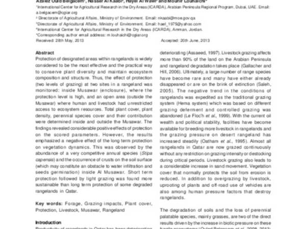 Effect of livestock grazing on plant cover and species diversity in desert rangelands: A case study of Musawar Al Ottoria in Qatar