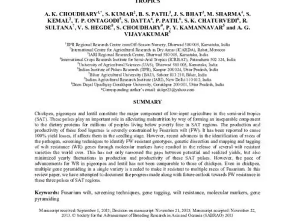 NARROWING YIELD GAPS THROUGH GENETIC IMPROVEMENT FOR FUSARIUM WILT RESISTANCE IN THREE PULSE CROPS OF THE SEMI-ARID TROPICS