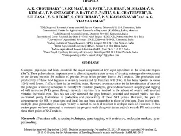 NARROWING YIELD GAPS THROUGH GENETIC IMPROVEMENT FOR FUSARIUM WILT RESISTANCE IN THREE PULSE CROPS OF THE SEMI-ARID TROPICS