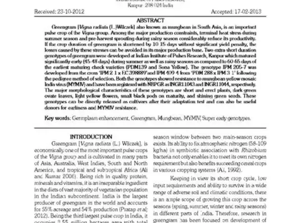 DEVELOPMENT OF SUPER EARLY GENOTYPES IN GREENGRAM [VIGNA RADIATA (L.)Wilczek]
