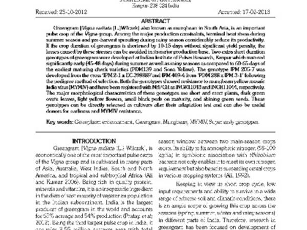 DEVELOPMENT OF SUPER EARLY GENOTYPES IN GREENGRAM [VIGNA RADIATA (L.)Wilczek]