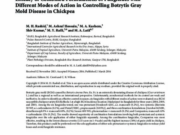 Efficacy of Combined Formulations of Fungicides with Different Modes of Action in Controlling Botrytis Gray Mold Disease in Chickpea