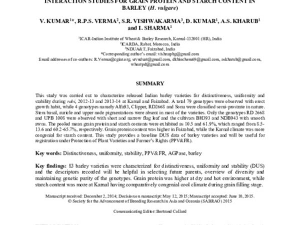Characterization for DUS descriptors and environmental interaction studies for grain protein and starch content in barley (H. vulgare)