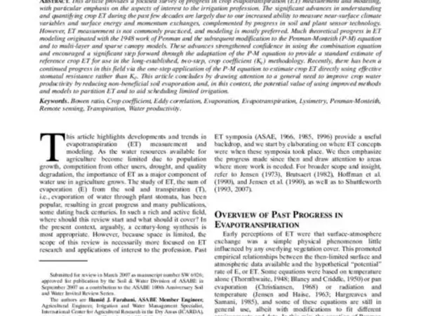 Evapotranspiration: progress in measurement and modeling in agriculture
