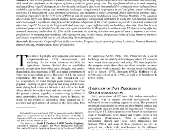 Evapotranspiration: progress in measurement and modeling in agriculture