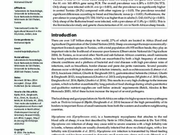 First molecular isolation of Mycoplasma ovis from small ruminants in North Africa