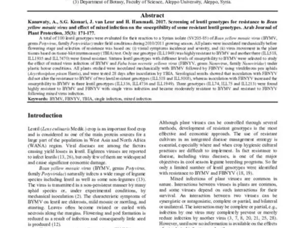 Screening of lentil genotypes for resistance to Bean yellow mosaic virus and effect of mixed infection on the susceptibility of some resistant lentil genotypes