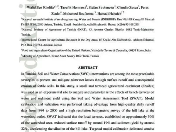 Parameterization of the Effect of Bench Terraces on Runoff and Sediment Yield by Swat Modelling in a Small Semi-Arid Watershed in Northern Tunisia