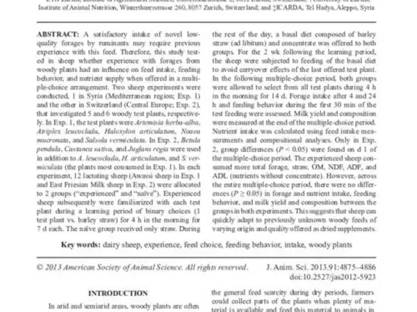 Influence of experience on intake and feeding behavior of dairy sheep when offered forages from woody plants in a multiple-choice situation1