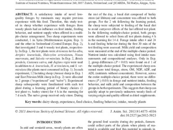 Influence of experience on intake and feeding behavior of dairy sheep when offered forages from woody plants in a multiple-choice situation1