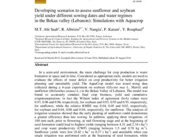 Developing scenarios to assess sunflower and soybean yield under different sowing dates and water regimes in the Bekaa valley (Lebanon): Simulations with Aquacrop
