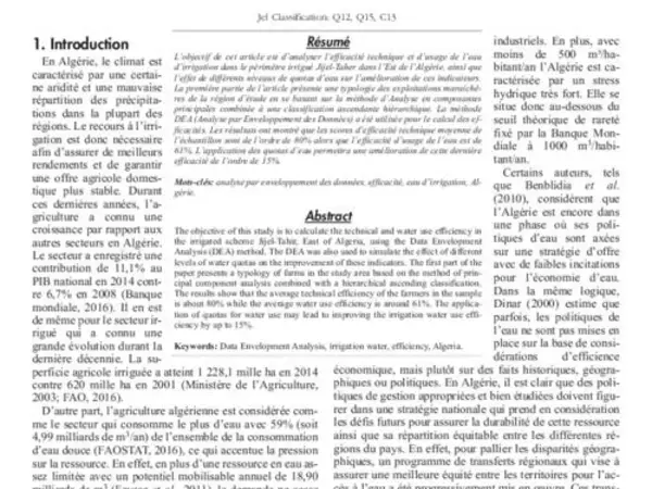 Effet des quotas d’eau d’irrigation sur l’efficacité d’usage de l’eau dans les exploitations maraîchères du Nord-est Algérien: Vers une serriculture plus valorisante de la ressource en eau