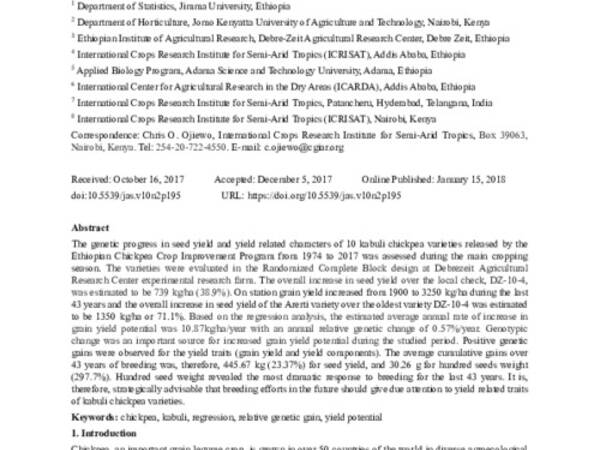 Breeding Progress for Grain Yield and Yield Related Characters of Kabuli Chickpea (Cicer arietinum L.) in Ethiopia Using Regression Analysis