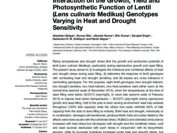 Effect of drought, heat and their interaction on the growth, yield and photosynthetic function of lentil (Lens culinaris Medikus) genotypes varying in heat and drought sensitivity