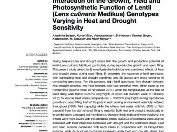 Effect of drought, heat and their interaction on the growth, yield and photosynthetic function of lentil (Lens culinaris Medikus) genotypes varying in heat and drought sensitivity