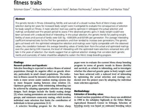 Optimization of selection for growth in Menz Sheep while minimizing inbreeding depression in fitness traits