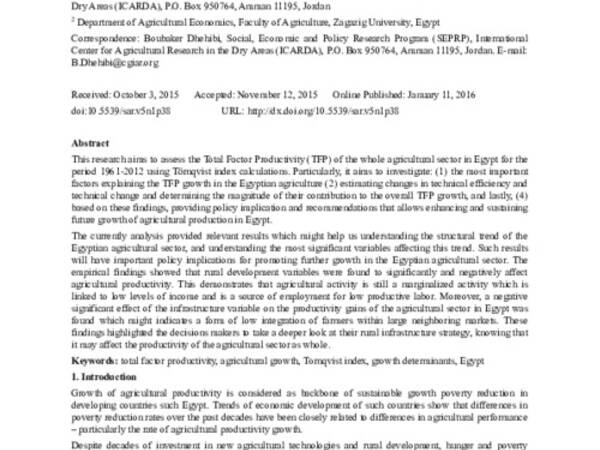 Growth in Total Factor Productivity in the Egyptian Agriculture Sector: Growth Accounting and Econometric Assessments of Sources of Growth