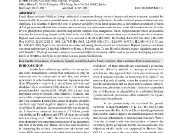 Genetic variability for nutritional quality in Lentil (Lens culinaris Medikus Subsp. culinaris)