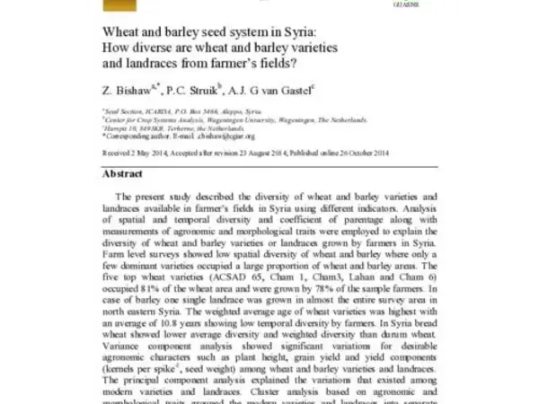 Wheat and barley seed system in Syria: How diverse are wheat and barley varieties and landraces from farmer’s fields?