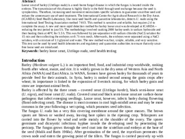 Improved method for detecting Ustilago nuda in barley seed