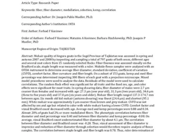 Evaluation of mohair quality in Angora goats from the Northern dry lands of Tajikistan