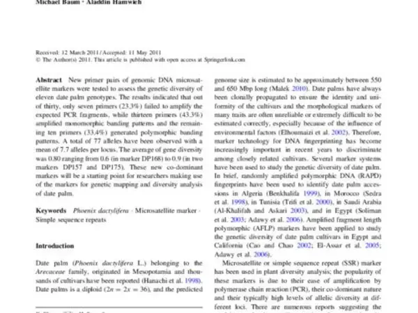 New microsatellite markers for assessment of genetic diversity in date palm (Phoenix dactylifera L.)