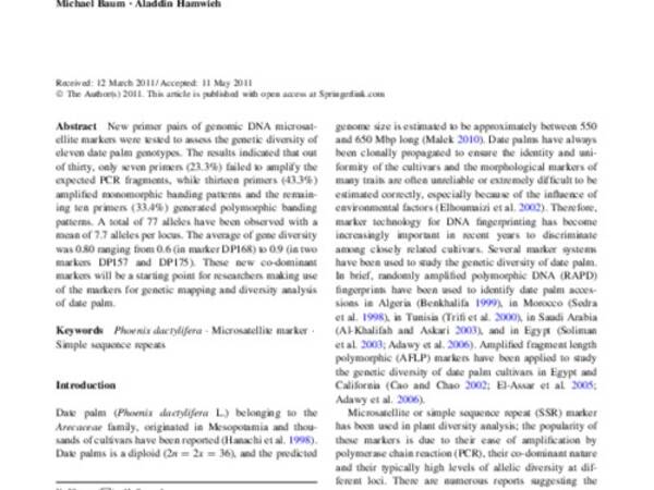 New microsatellite markers for assessment of genetic diversity in date palm (Phoenix dactylifera L.)