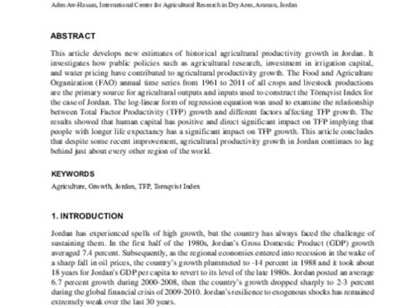 Agricultural Growth Accounting and Total Factor Productivity in Jordan: Trends, determinants, and future challenges