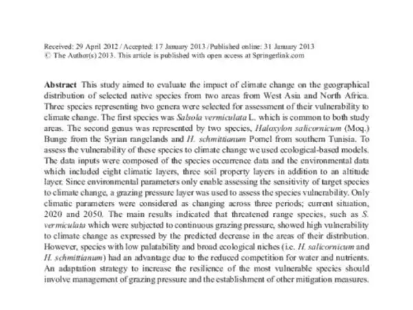 The vulnerability of native rangeland plant species to global climate change in the West Asia and North African regions