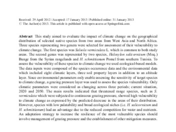 The vulnerability of native rangeland plant species to global climate change in the West Asia and North African regions