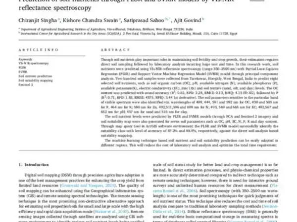 Prediction of soil nutrients through PLSR and SVMR models by VIs-NIR reflectance spectroscopy