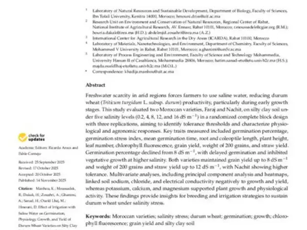 Effect of Irrigation with SalineWater on Germination, Physiology, Growth, and Yield of Durum Wheat Varieties on Silty Clay Soil