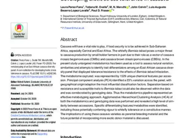 The metabotyping of an East African cassava diversity panel: A core collection for developing biotic stress tolerance in cassava