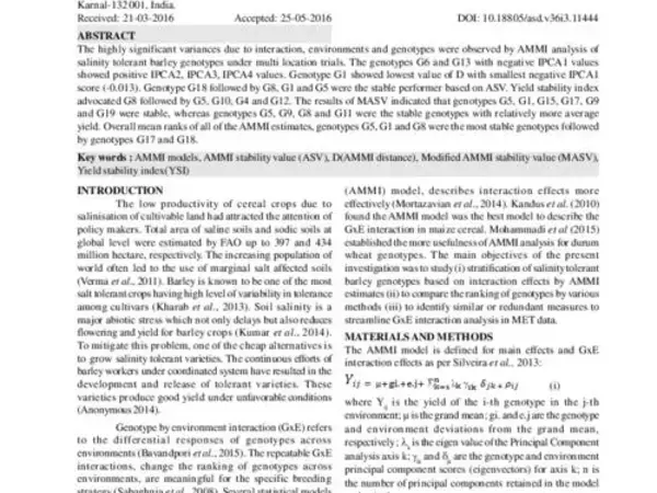 GxE evaluation of salinity tolerant barley genotypes by AMMI model