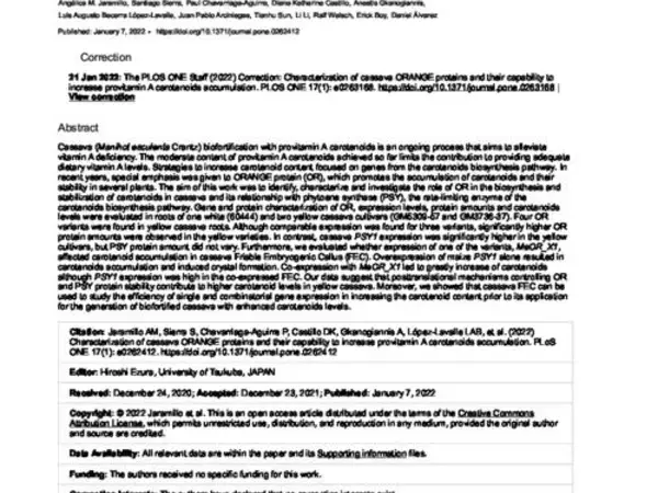 Characterization of cassava ORANGE proteins and their capability to increase provitamin A carotenoids accumulation