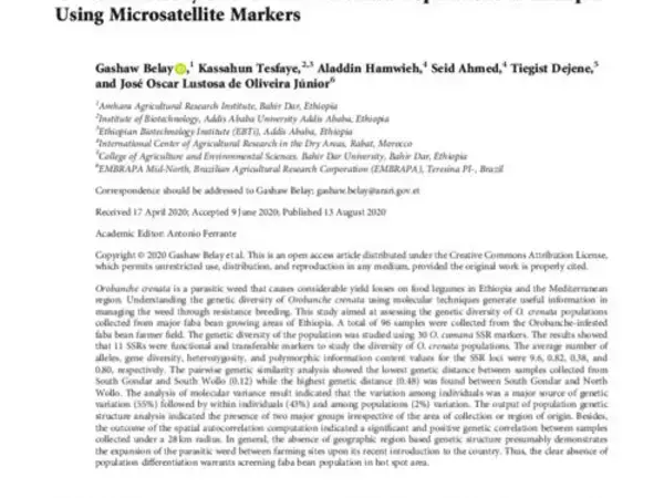 Genetic Diversity of Orobanche crenata Populations in Ethiopia Using Microsatellite Markers