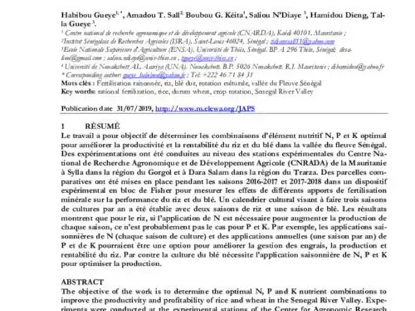 Effet de la fertilisation minérale sur la culture du riz ( Oryza sativa L.) et du blé dur ( Triticum durum  Desf.) dans la vallée du fleuve Sénégal 
