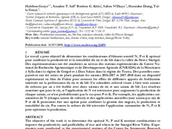 Effet de la fertilisation minérale sur la culture du riz ( Oryza sativa L.) et du blé dur ( Triticum durum  Desf.) dans la vallée du fleuve Sénégal 