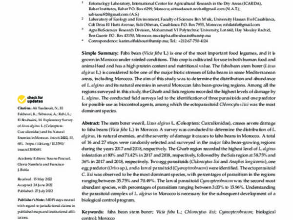 Exploratory Survey of Lixus algirus L. (Coleoptera: Curculionidae) and Its Natural Enemies in Morocco