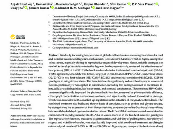 Heat Priming of Lentil (Lens culinaris Medik.) Seeds and Foliar Treatment with γ-Aminobutyric Acid (GABA), Confers Protection to Reproductive Function and Yield Traits under High-Temperature Stress Environments