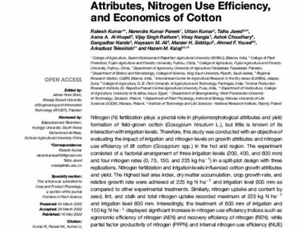 Coupling Effects of Nitrogen and Irrigation Levels on Growth Attributes, Nitrogen Use Efficiency, and Economics of Cotton