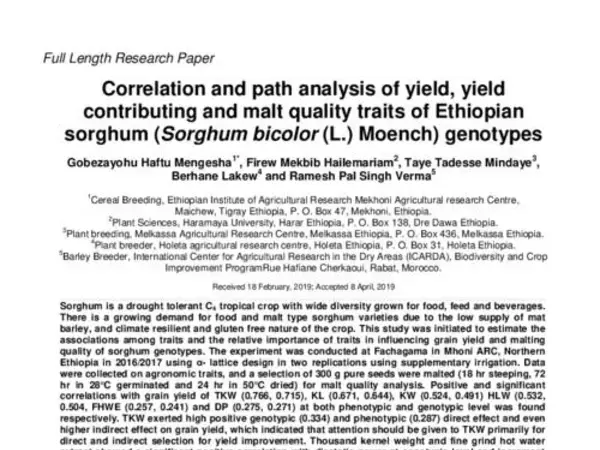 Correlation and path analysis of yield, yield contributing and malt quality traits of Ethiopian sorghum (Sorghum bicolor (L.) Moench) genotypes 